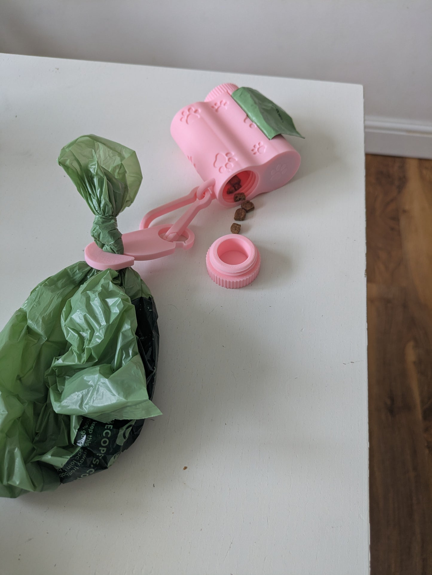 3 in 1 dog poop bag roll and snack container with hook for used poop bag
