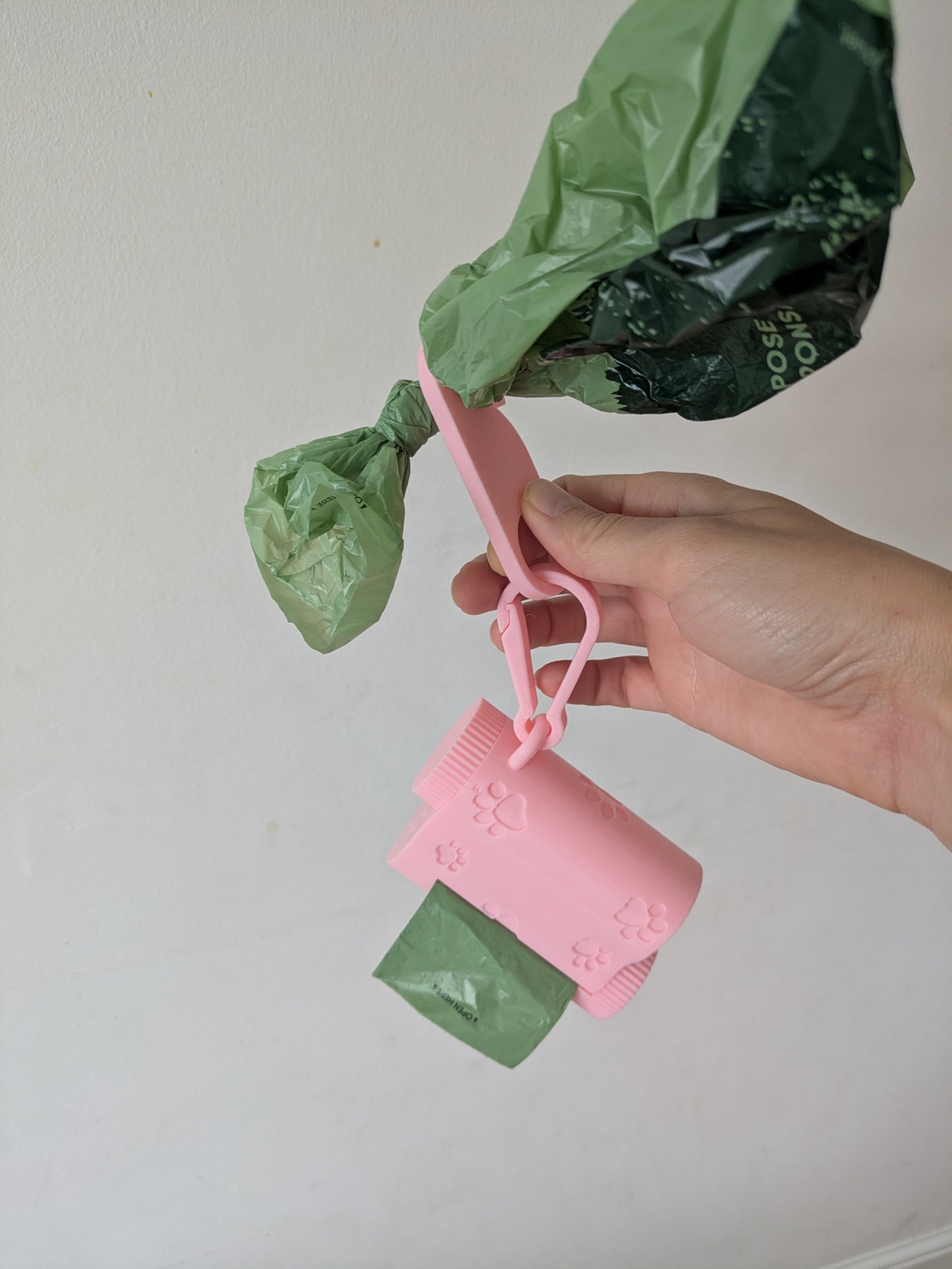 3 in 1 dog poop bag roll and snack container with hook for used poop bag